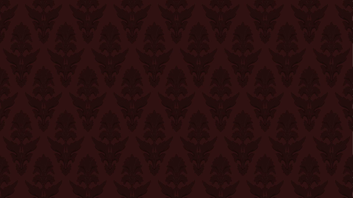 Dark burgundy damask wallpaper pattern with a repeating ornate floral motif.