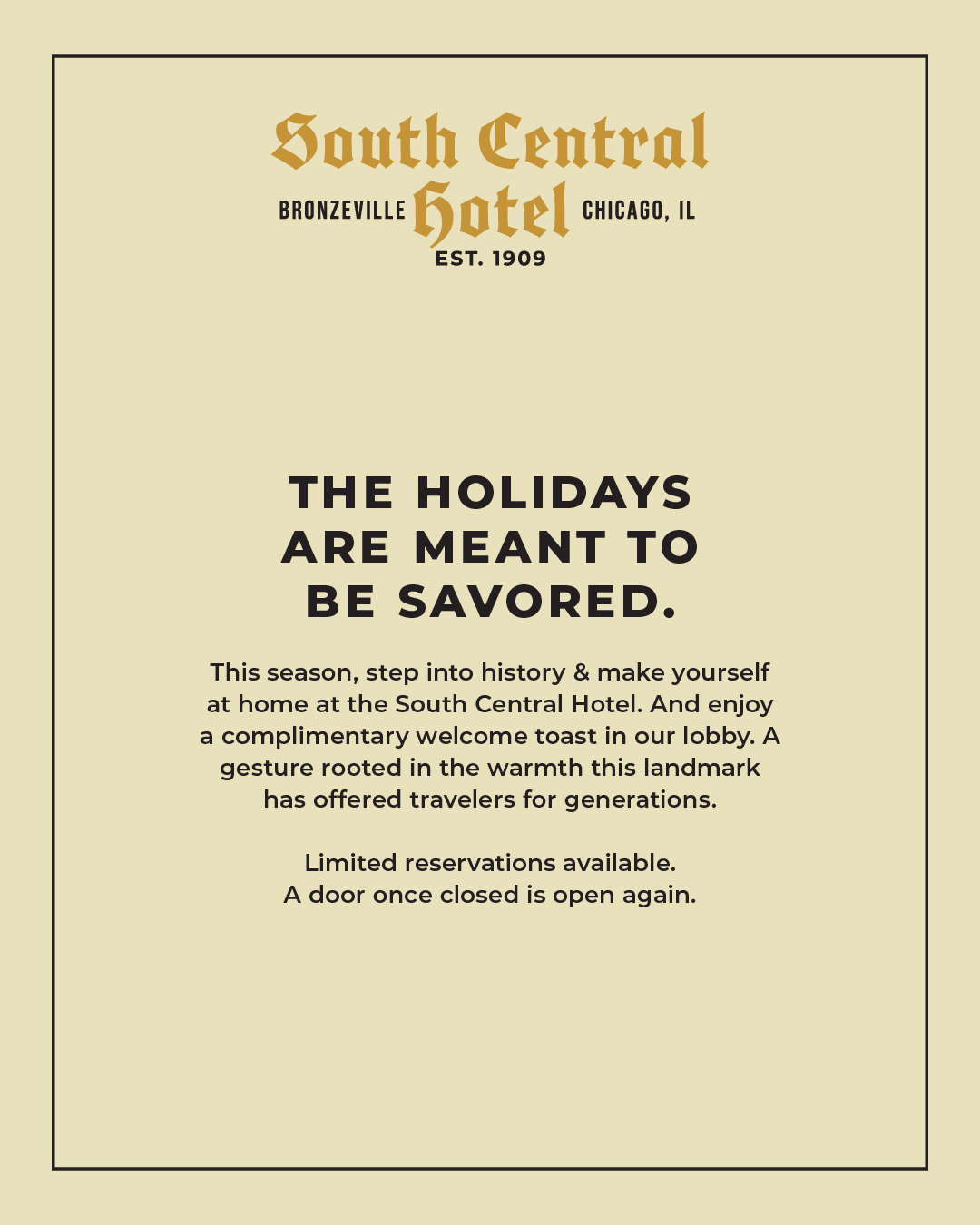 A vintage-style promotional poster for the South Central Hotel in Bronzeville, Chicago, featuring elegant typography on a warm cream background with a thin border.