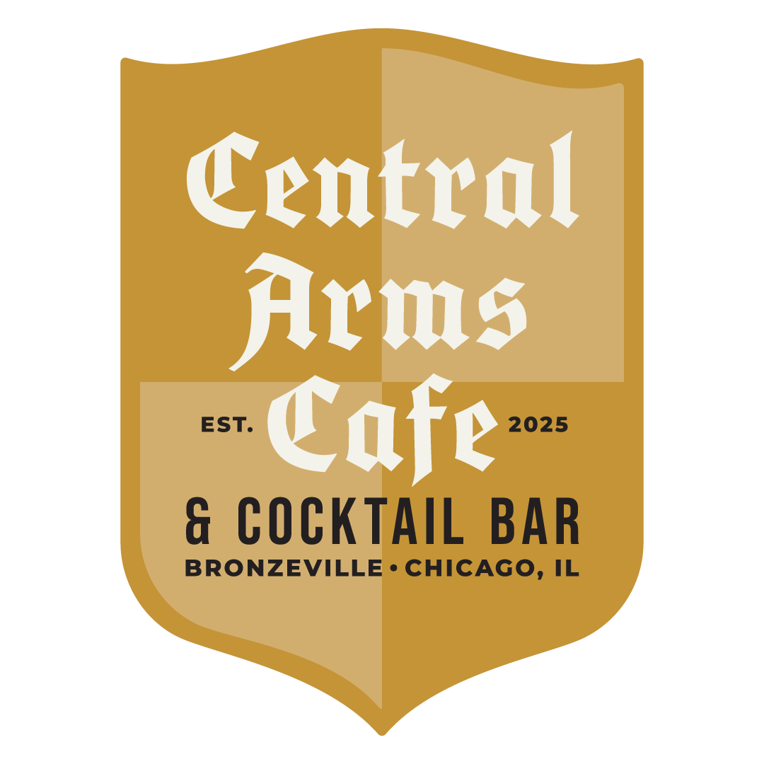 A shield-shaped logo or badge for Central Arms Cafe & Cocktail Bar, with white gothic-style text on a tan and bronze background and the locationBronzeville, Chicago, IL at the bottom.