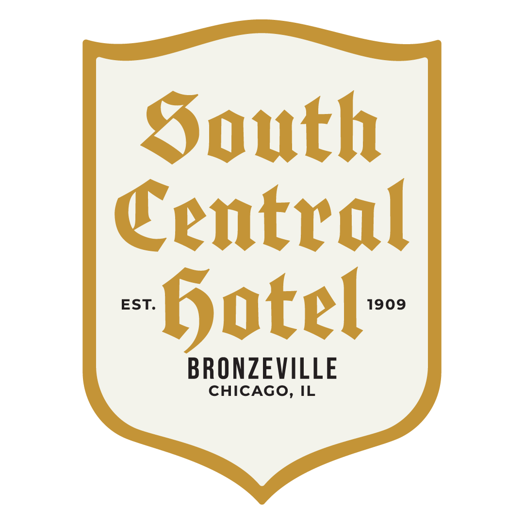 A vintage-style shield emblem reading 'South Central Hotel' with 'Bronzeville Chicago, IL' below, in gold lettering and border on an off-white background.
