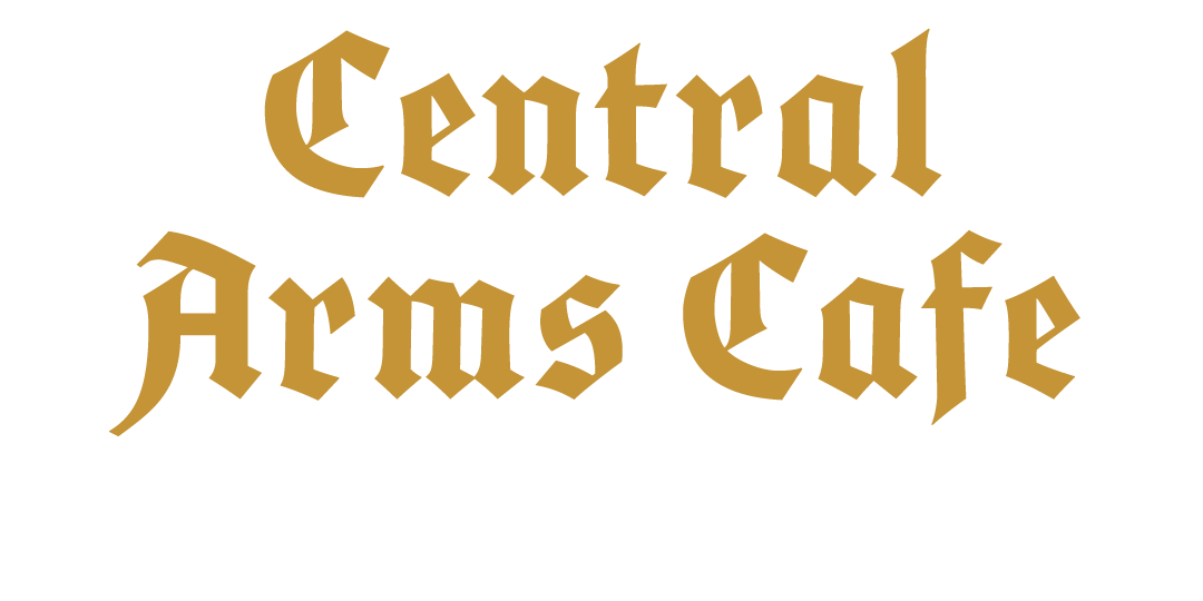 The words 'Artful Arms Cafe' are displayed in a stylized, metallic gold font against a solid white background.