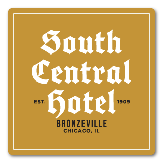 A square coaster or tile featuring a vintage-style logo design for South Central Hotel, with gold gothic lettering and black text on a warm off-white background with a thin gold border.