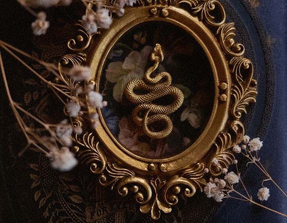 An ornate oval gold frame with a coiled snake motif in the center, styled with dried white flowers on a dark navy textured background.
