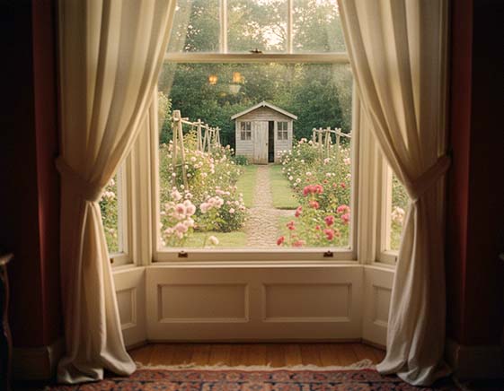 A large bay window with cream-colored curtains framing a view of a lush garden with pink roses and a small white shed in the background.