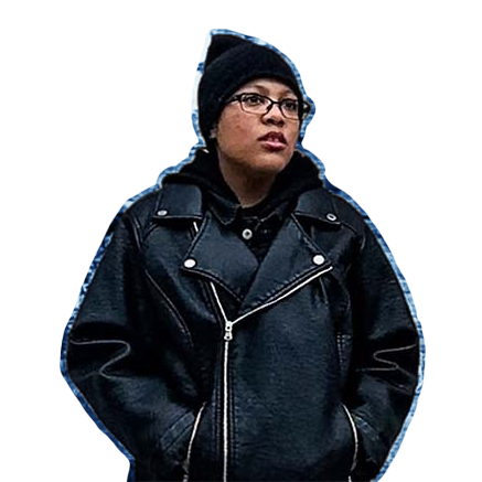 A person wearing a black beanie, glasses, and a black leather moto jacket over a black hoodie, isolated on a white background with a blue outline effect.