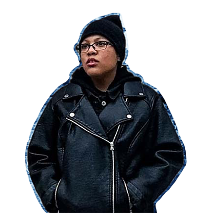 A person wearing a black beanie, glasses, and a black leather moto jacket over a black hoodie, isolated on a white background with a blue outline effect.
