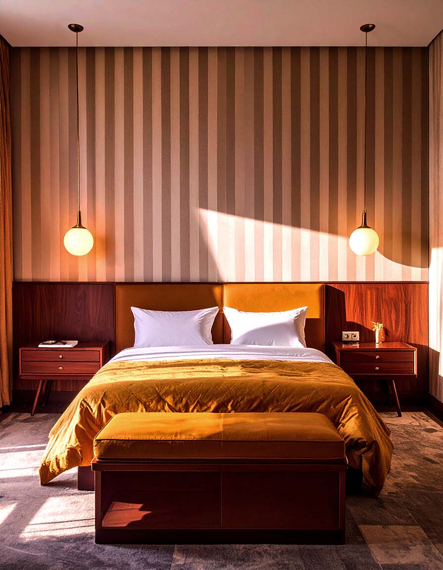A modern bedroom featuring a bed dressed in a mustard yellow quilt and white pillows, set against a striped brown and beige wallpaper with a matching wood headboard. A matching bench sits at the foot of the bed, flanked by two dark wood nightstands and pendant lights.