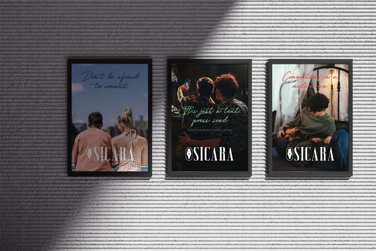 Three black-framed posters are displayed side by side on a gray, textured brick wall. Each poster features a different couple's photo with a romantic quote and the text 'SICABA' at the bottom.