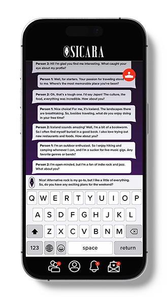 A smartphone mockup displaying the SICARA music app interface, featuring a dark purple header with white text and a chat-style message list above a full QWERTY keyboard.