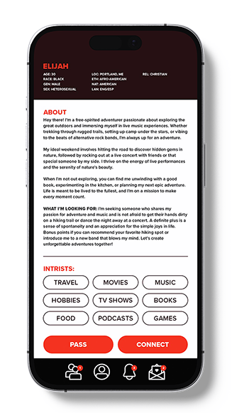 A black smartphone mockup centered on a white background, displaying a social media about page for a user named Elijah.
