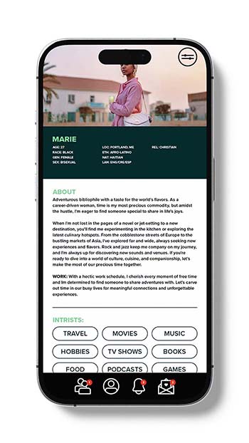 A black smartphone mockup centered on a white background, displaying a social media profile page for a user named Marie.