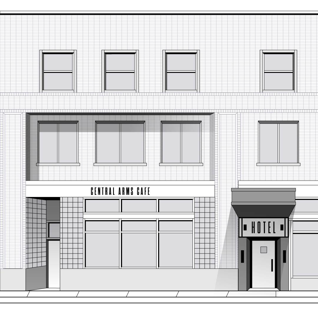 Black and white architectural line drawing of a two-story building facade with windows, a cafe sign reading 'Central Arms Cafe,' and a hotel entrance.