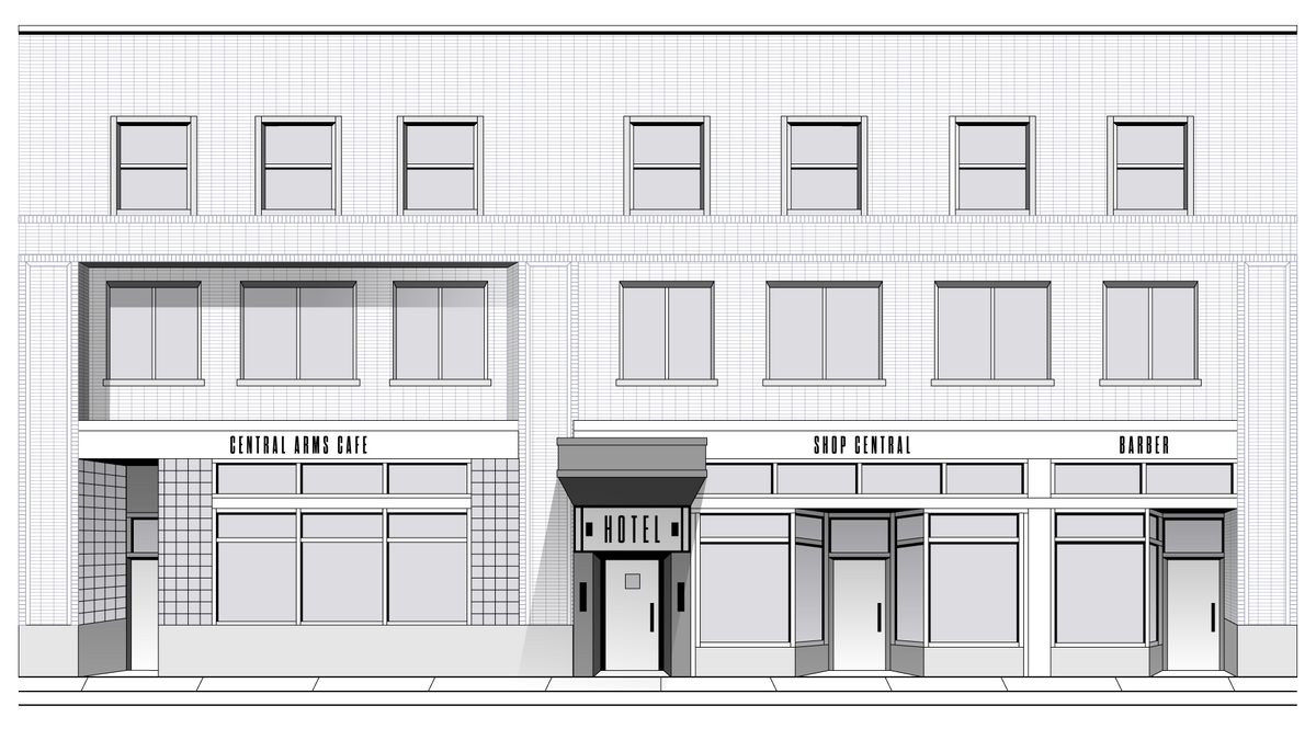 Black and white architectural rendering of a multi-story commercial building facade with storefronts labeled Central Arms Cafe, Shop Central, and Harbor.