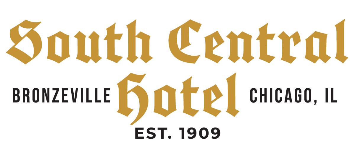 South Central Hotel logo in a gold gothic font with 'Bronzeville', 'Chicago, IL', and 'Est. 1909' in black serif text on a white background.