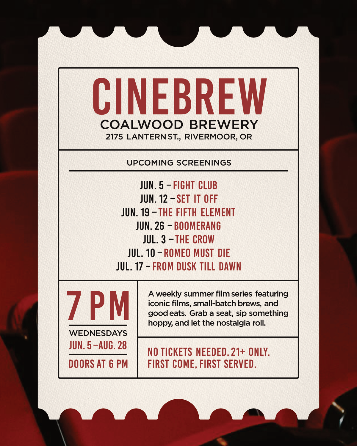 A stylized movie ticket graphic for Cinebrew Coalwood Brewery, with red text on a cream ticket design and a dark red velvet seat row at the bottom, advertising upcoming screenings.