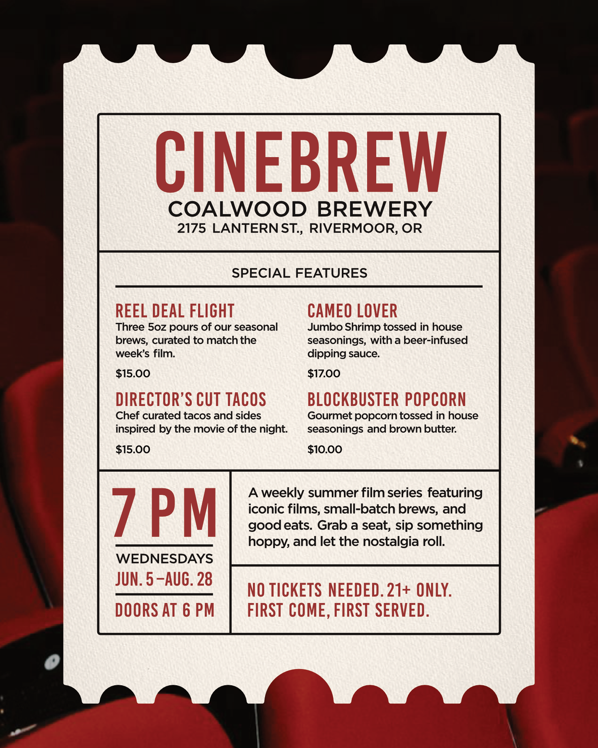 A stylized movie ticket graphic for Cinebrew Coalwood Brewery, with red text on a cream ticket design and a dark red velvet seat row at the bottom, advertising upcoming screenings.