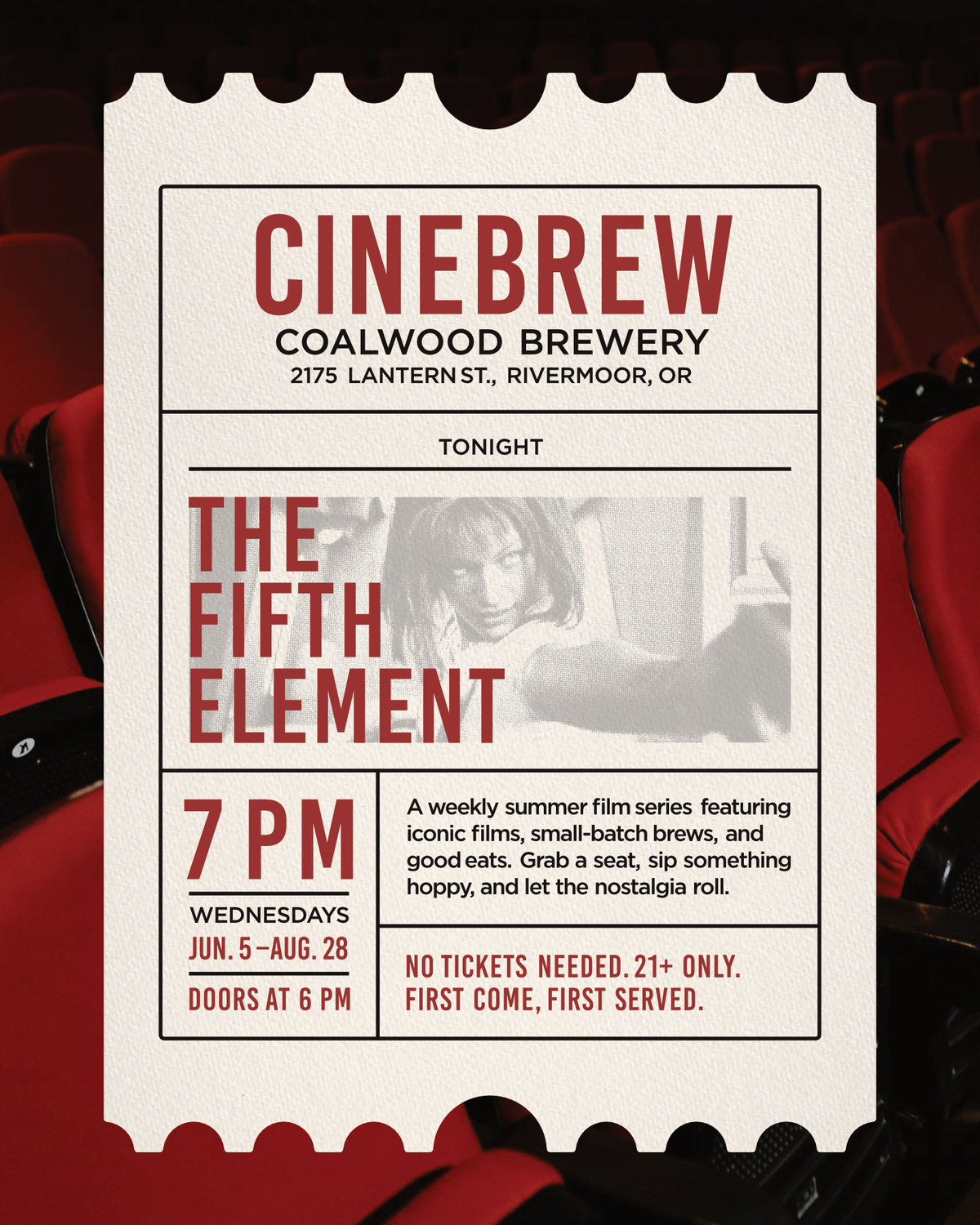 A movie ticket-style poster for Cinebrew Coalwood Brewery featuring the title 'The Fifth Element' in large red text, with event details including 7 PM on Wednesdays and ticket-free admission, set against a dark red theater seating background.