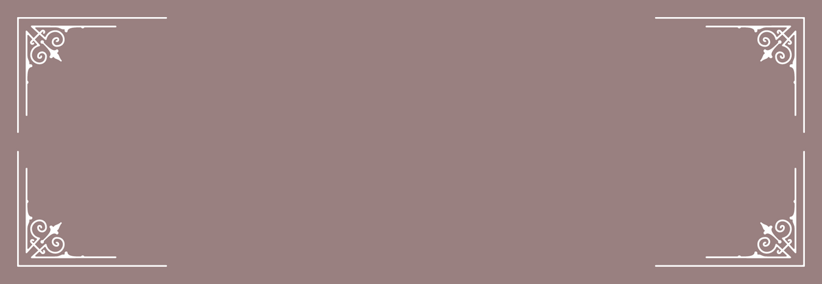 A minimalist brown background with white decorative border elements, including ornate corner flourishes and small horizontal arrow motifs near the top and bottom.