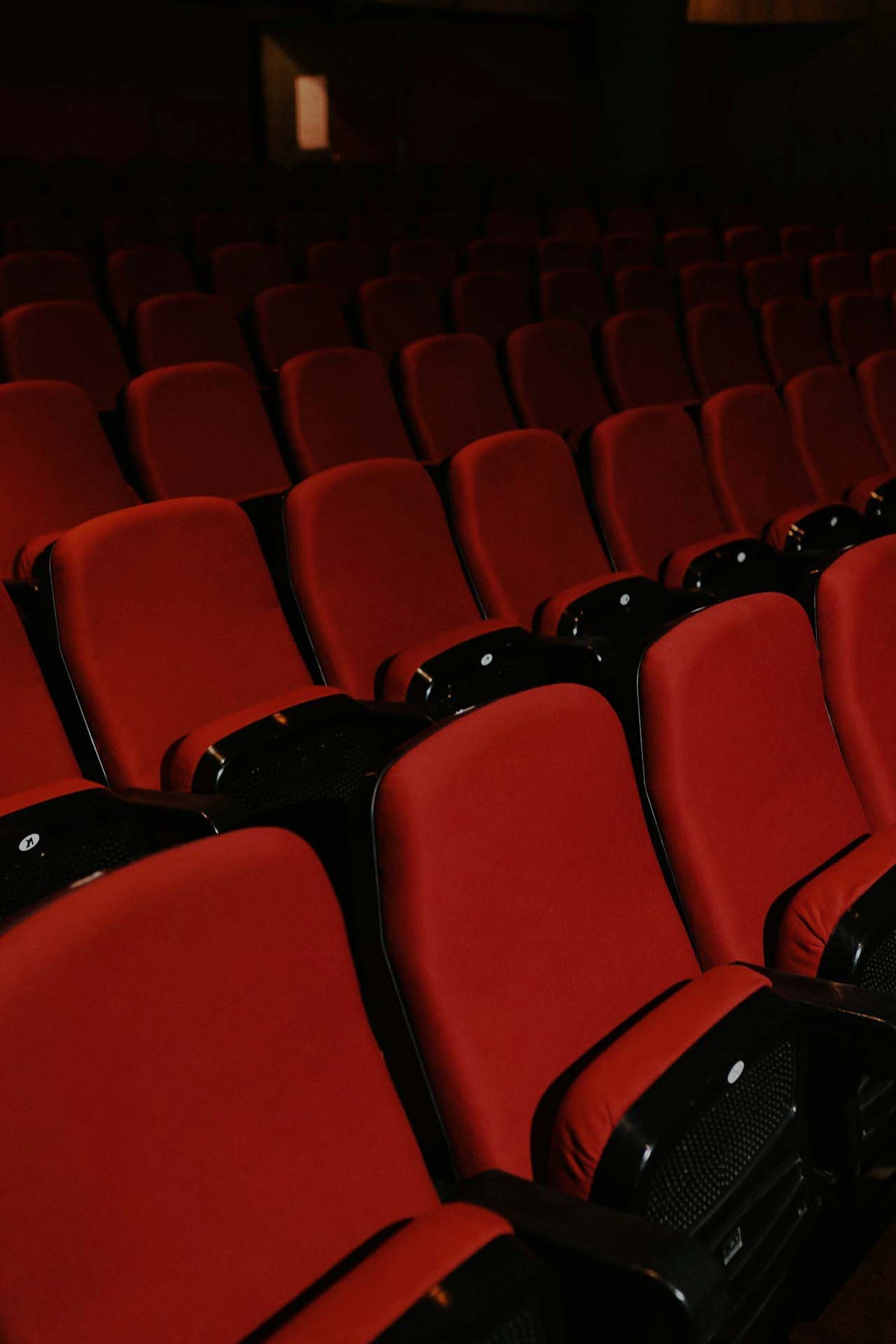 Rows of empty red theater auditorium seats with black armrests in a dark indoor auditorium.